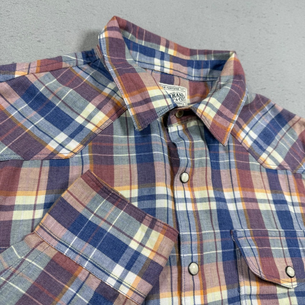 Lucky Brand Mens Plaid Western Pearl Snap Long Sleeve Shirt Blue Purple Orange M